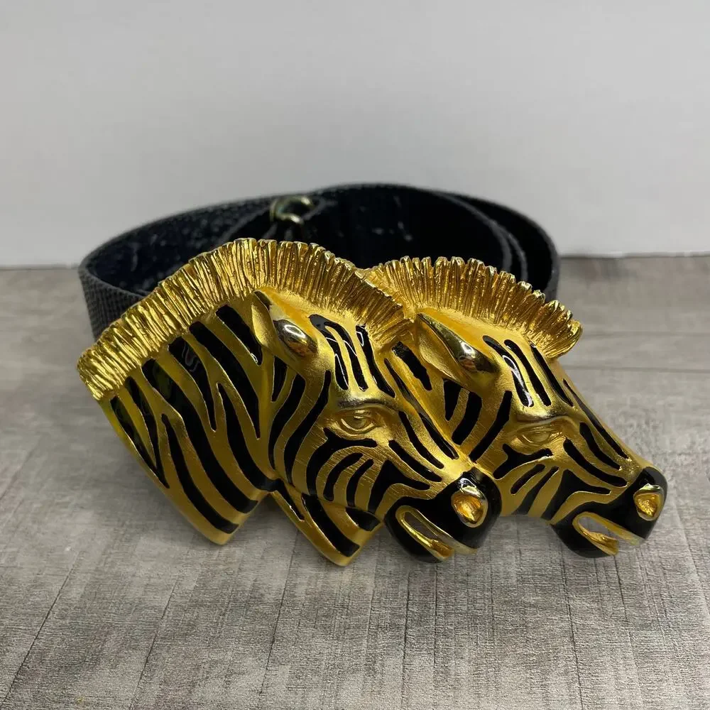 Vintage DOREEN RYAN Double Zebra Head Gold Black 1.25 in adjustable belt 35 in